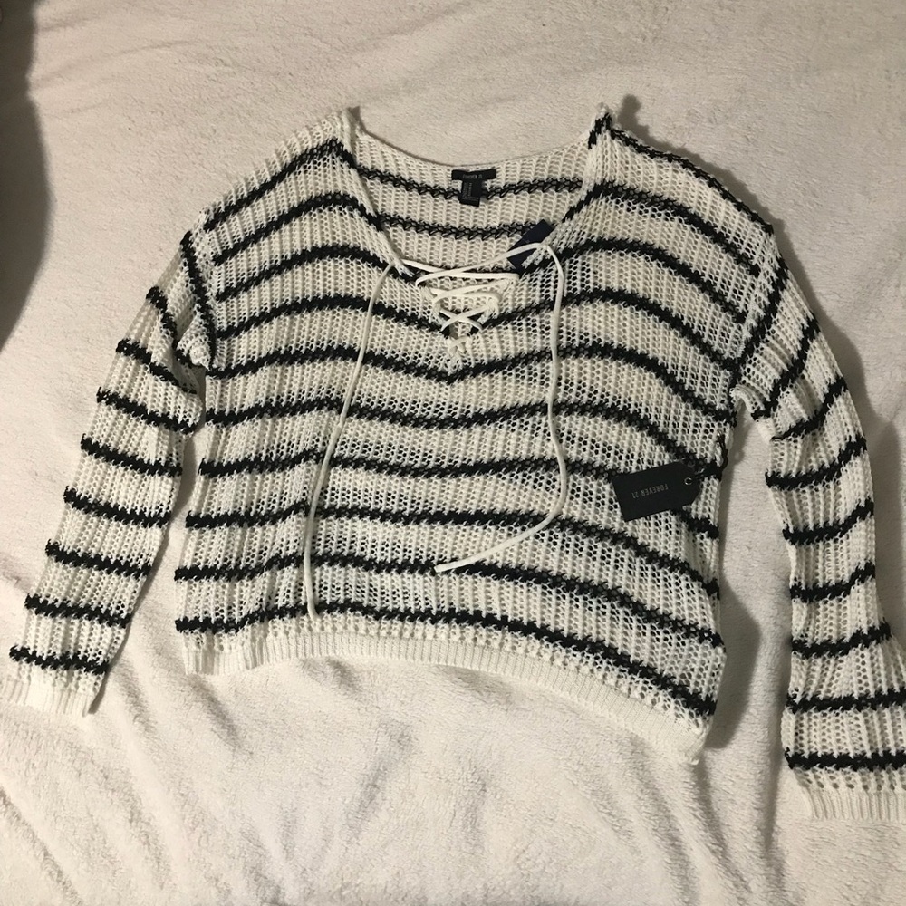NWT Forever 21 Loose Knit Lace Up Striped Sweater